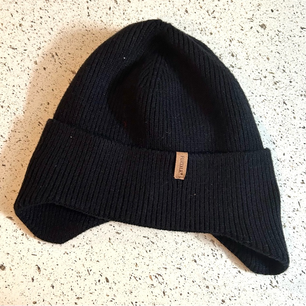 Black Knit Fleece Lined Winter Beanie Hat with Earflaps